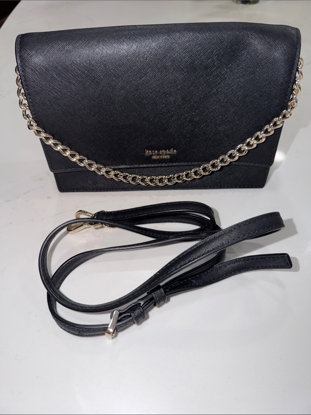kate spade Black Saffiano Crossbody Bag or over the shoulder Gold Chain